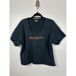 Harley Davidson 2002 Y2K Black Cropped T-Shirt‎ Short Sleeve Scoop Neck 2X Tee